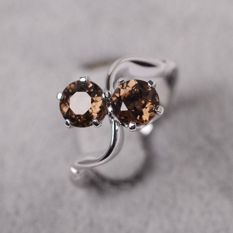 Rauchquarz Ring Runden Schnitt Weißgold Zwei Stein-Verlobungsring von JackDesignJewelry