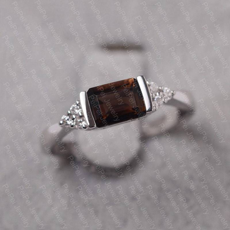 Rauchquarz Ring Sterling Silber Verlobungsring Smaragdschliff Braunen Edelstein von JackDesignJewelry