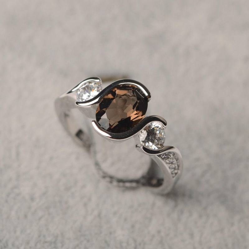 Rauchquarz Ring Weißgold Oval Form Gefasster Für Frauen von JackDesignJewelry