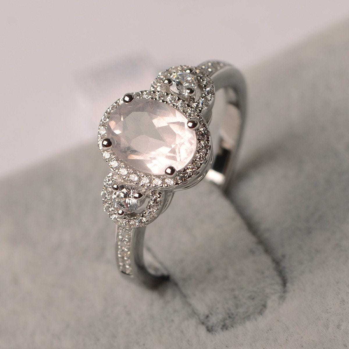 Rosa Quarz Ring Halo Verlobungsring Ovalschliff Für Frauen Sterling Silber von JackDesignJewelry