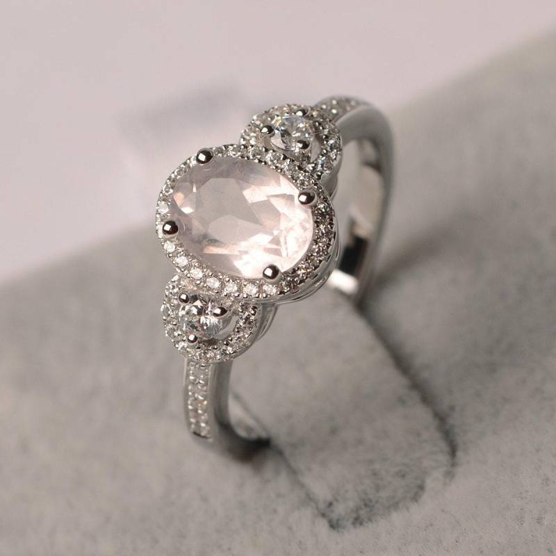 Rosa Quarz Ring Halo Verlobungsring Ovalschliff Für Frauen Sterling Silber von JackDesignJewelry