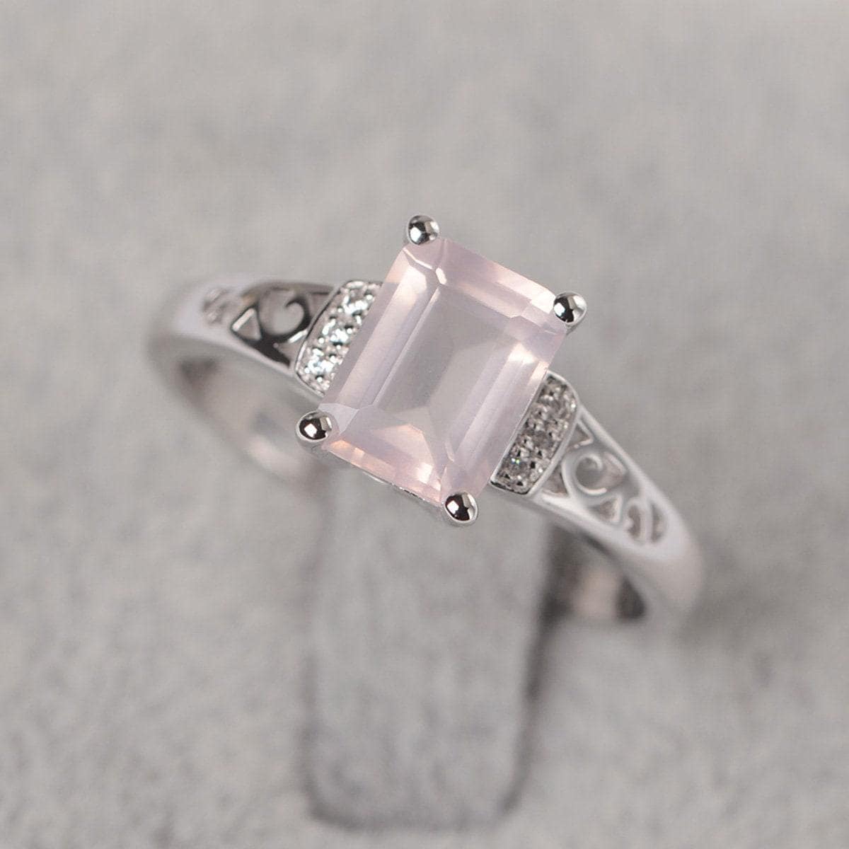 Rosa Quarz Ring Silber Smaragd Geschnitten Rosa Edelstein Verlobungsring Für Frauen von JackDesignJewelry