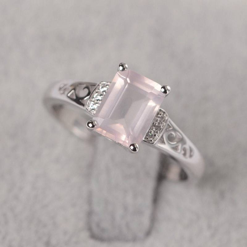 Rosa Quarz Ring Silber Smaragd Geschnitten Rosa Edelstein Verlobungsring Für Frauen von JackDesignJewelry