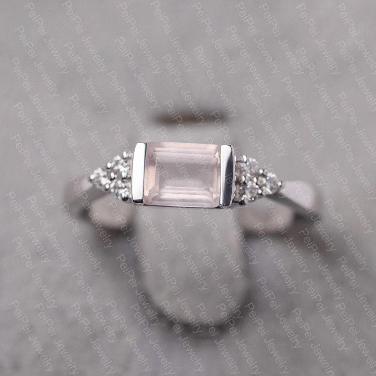 Rosa Quarz Ring Sterling Silber Ehering Für Frauen Smaragdschliff Halbe Leiste von JackDesignJewelry