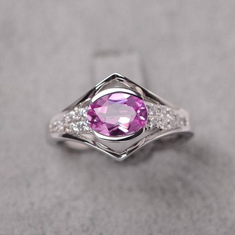Rosa Saphir Ring Oval Geschnitten Rosa Steinring Silber Ehering Für Frauen von JackDesignJewelry