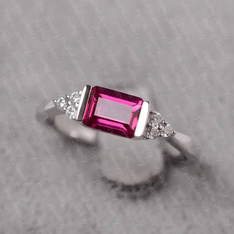 Rot Rubin Ring Smaragdschliff Juli Geburtsstein Sterling Silber Verlobungsring Für Frauen von JackDesignJewelry