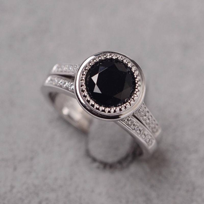Schwarz Spinell Ring Rundschliff Sterling Silber Ehering Set Für Frauen von JackDesignJewelry