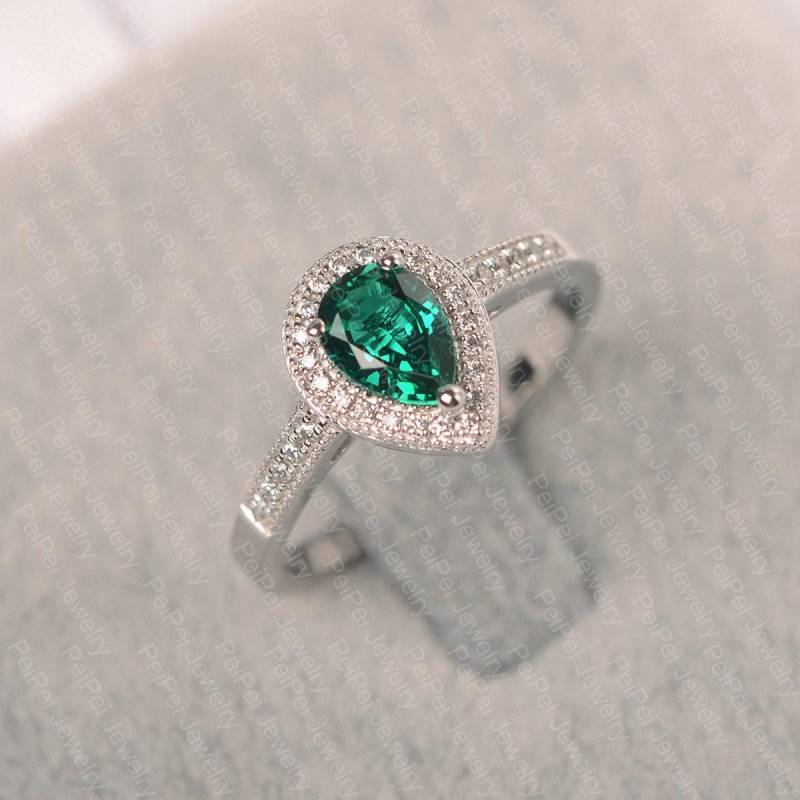 Smaragd Ring Birnenform Sterling Silber Mai Geburtsstein Halo von JackDesignJewelry