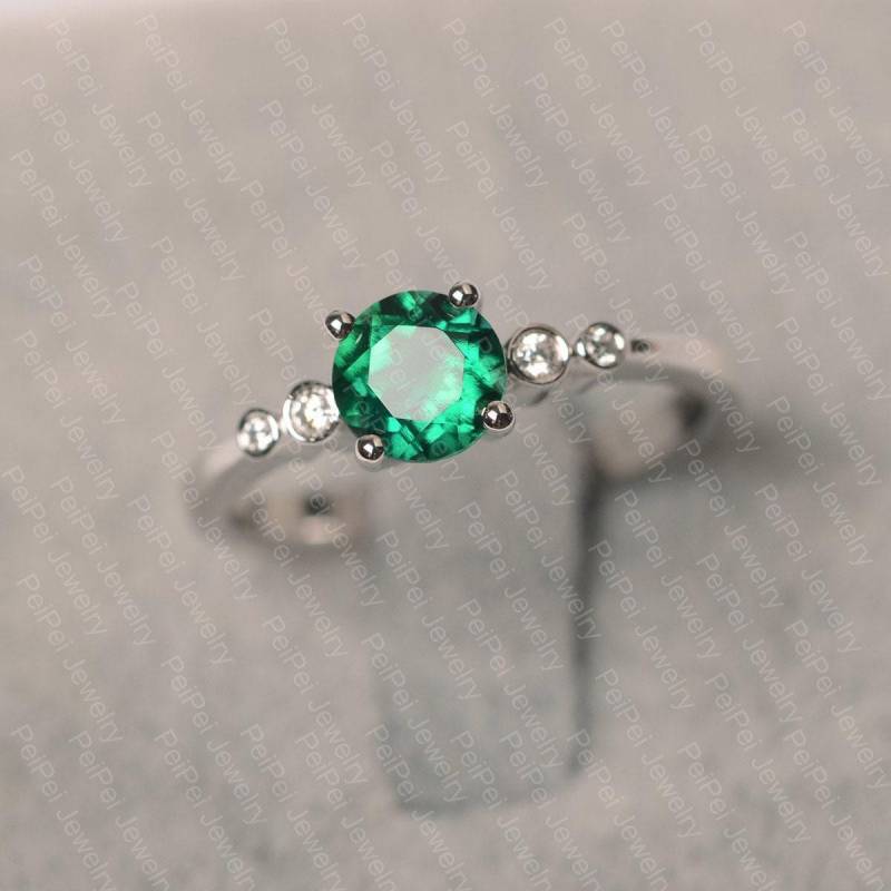 Smaragd Ring Sterling Silber Verlobungsring Für Frauen Rundschliff Mai Geburtsstein Grüner Stein von JackDesignJewelry