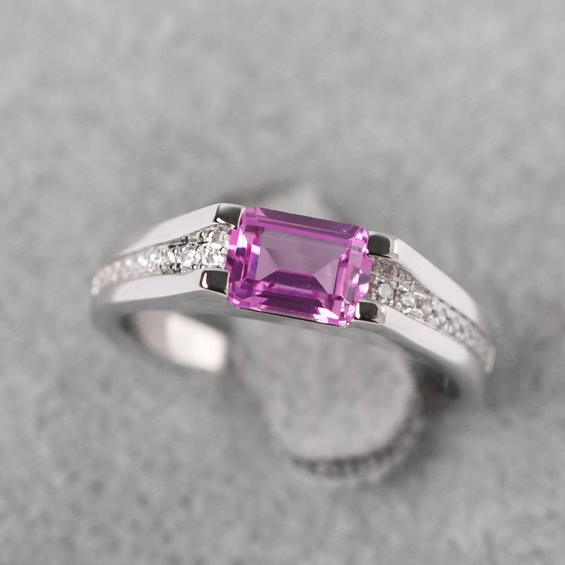 Smaragdschliff 5x7 Mm Pink Sapphire Statement Ring Sterlingsilber Horizontale Ehering von JackDesignJewelry