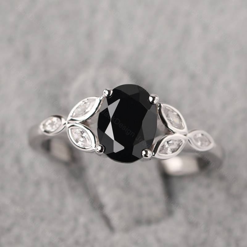 Split Schaft Schwarz Spinell Verlobungsring Sterling Silber Oval Geformten 6x8 Mm Schwarzen Stein Blätter Ring von JackDesignJewelry