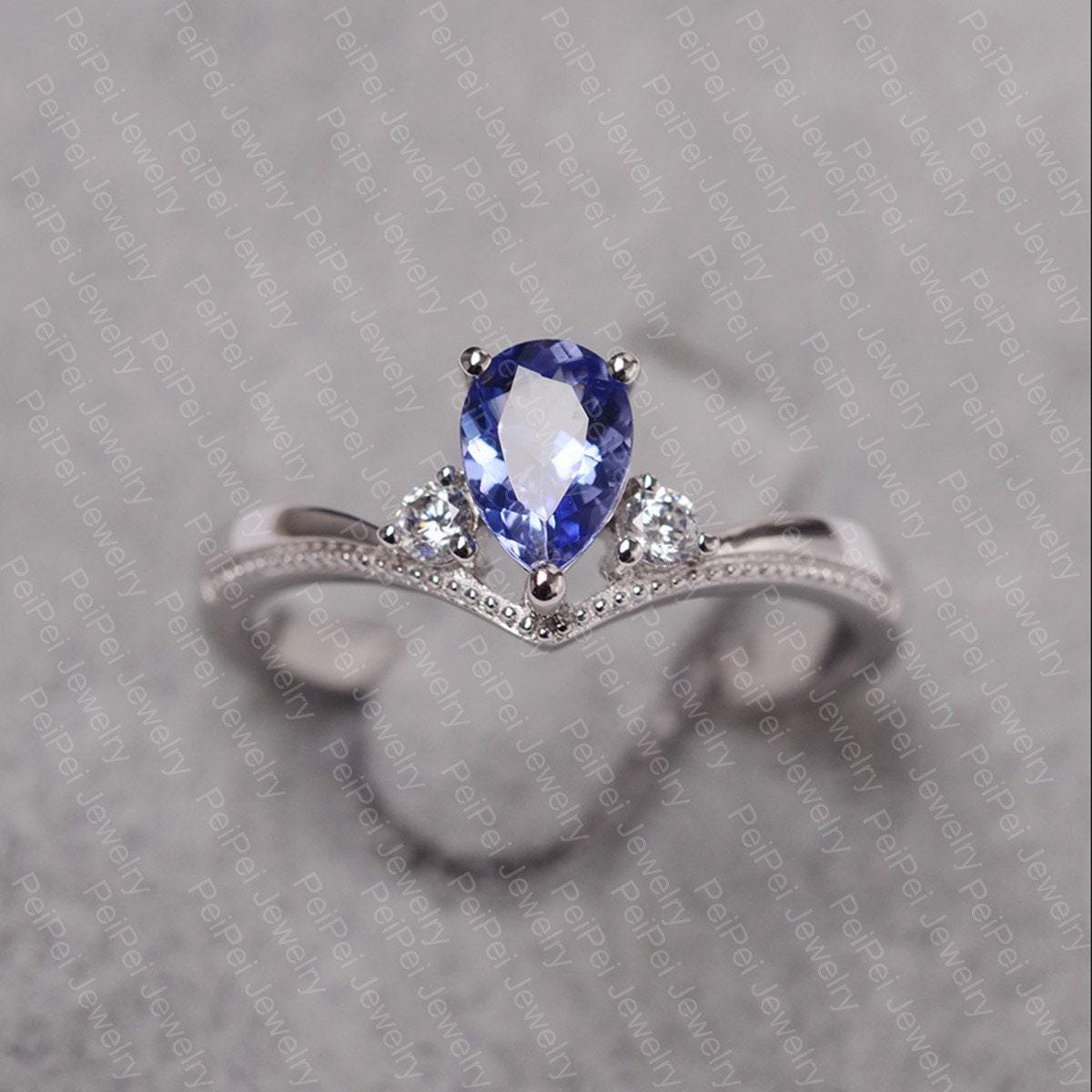 Tansanit Ring Tropfen Sterling Silber Verlobungsring Für Frauen Natürlichen Blauen Edelstein von JackDesignJewelry