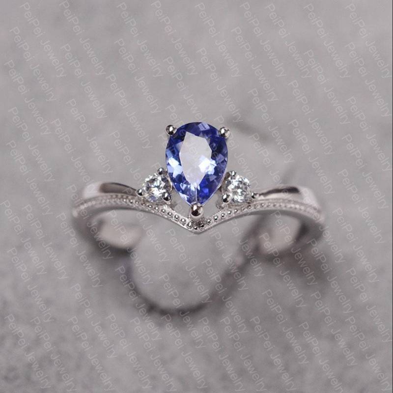 Tansanit Ring Tropfen Sterling Silber Verlobungsring Für Frauen Natürlichen Blauen Edelstein von JackDesignJewelry