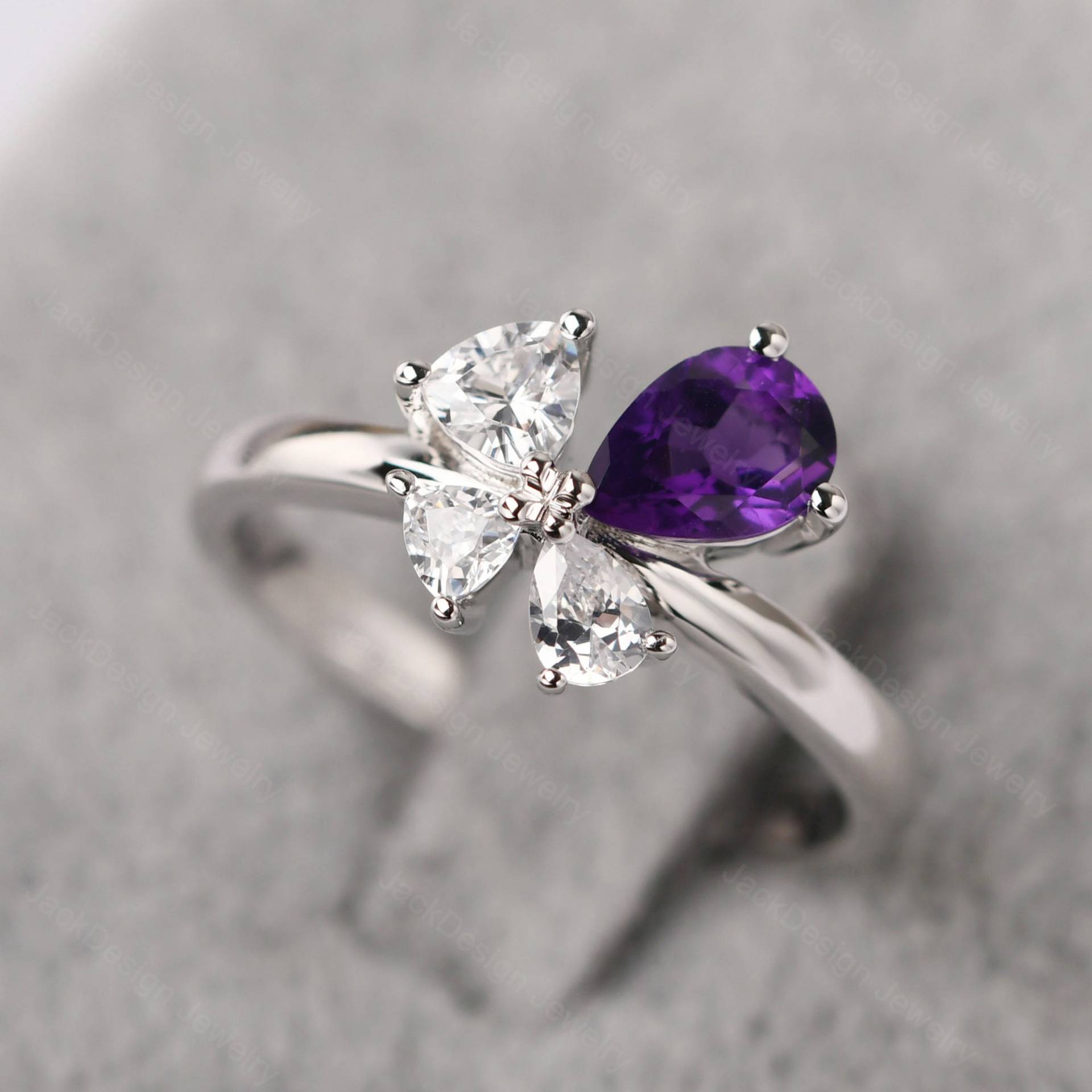 Unikat Amethyst Schmetterling Ring Sterling Silber Blume Ehering Tropfenförmiger Februar Geburtsstein von JackDesignJewelry