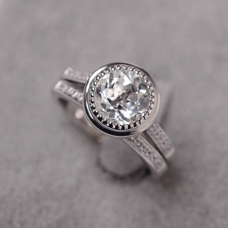 Weißer Topas Ring Sterling Silber Verlobungsring Set Rundschliff Edelstein Für Frauen von JackDesignJewelry