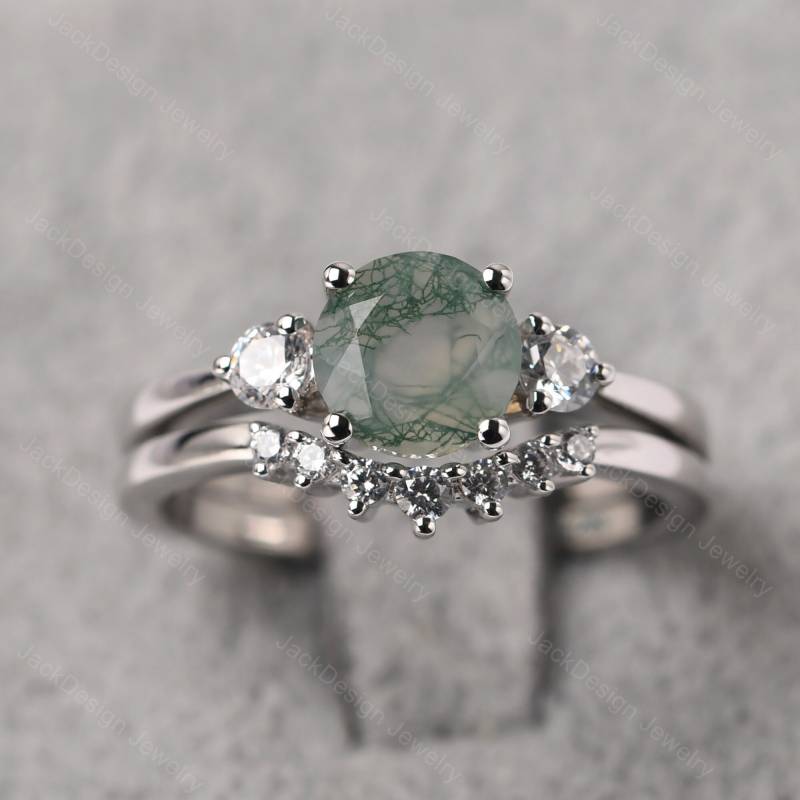 Zarte Moos Achat Braut Set Ringe Sterling Silber Rundschliff 7x7 Mm Hochzeits von JackDesignJewelry