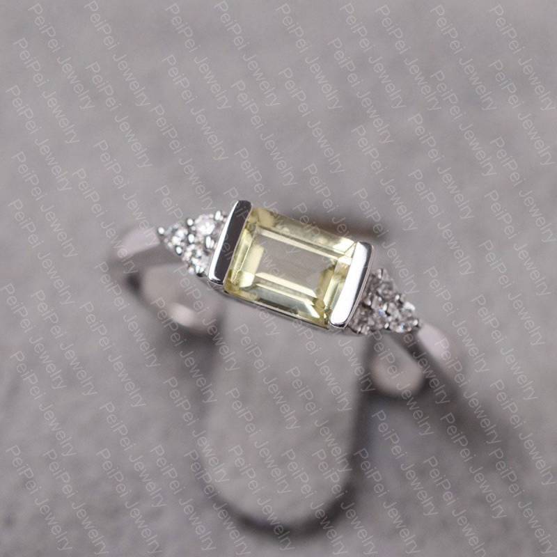 Zitronenquarz Ring Sterling Silber Verlobungsring Smaragdschliff Halbe Lünette Fassung Für Frauen von JackDesignJewelry