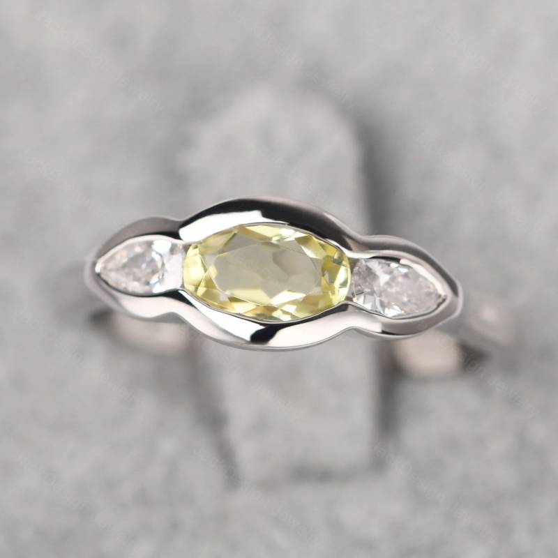 Lemon Quarz Statement Ring Massiv Silber Oval Cut Gelber Stein Drei-Stein-Ring von JackDesignJewelry