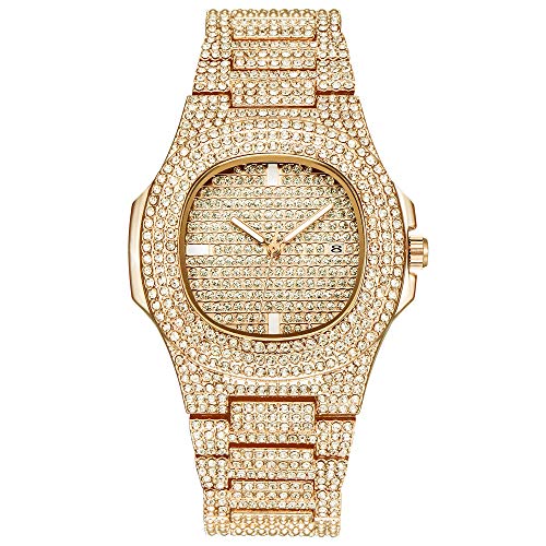 Jacklin F Luxus Herrenuhr Bling Bling Modeschmuck Kristall Diamant Strass Damenuhren Stahlband Armband Runde Zifferblatt Analoge Uhr Armband Kleid Wristwatche Hip Hop Royalty Herrenuhr von Jacklin F