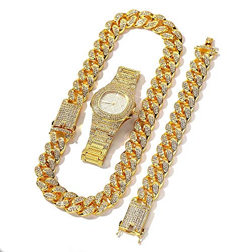 Jacklin F Iced Out Diamond Uhrenset Hip Hop Armbanduhr mit Cube Link Armband Halskette für Herren von Jacklin F