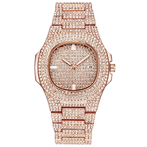 Jacklin F Luxus Herrenuhr Bling Bling Modeschmuck Kristall Diamant Strass Damenuhren Stahlband Armband Runde Zifferblatt Analoge Uhr Armband Kleid Wristwatche Hip Hop Royalty Herrenuhr von Jacklin F