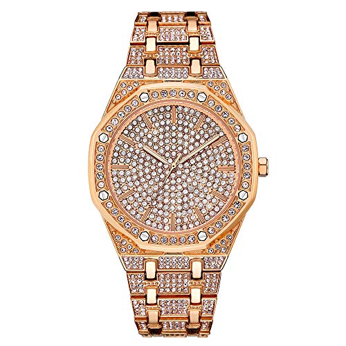 Jacklin F Luxus Herrenuhr Bling Bling Modeschmuck Kristall Diamant Strass Damenuhren Stahlband Armband Runde Zifferblatt Analoge Uhr Armband Kleid Wristwatche Hip Hop Royalty Herrenuhr von Jacklin F