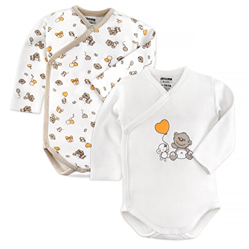 Jacky Baby Body 2er Pack Bär - Langarmbody Set aus 100% Baumwolle (OEKO-TEX® Standard 100 geprüft, maschinenwaschbar) - weiche Wickelbodys mit Druckknöpfen - Weiß Beige - 50/56 von JACKY Baby-Mini-Basic