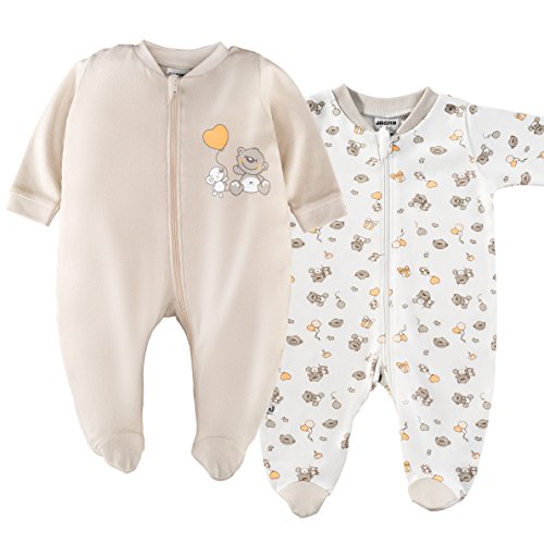 Jacky 2er Set Baby Schlafstrampler/Schlafanzug mit Füßen/Unisex / 100% Baumwolle/Weiß/Beige/Oeko-TEX® Standard 100 geprüft (62/68) von Jacky