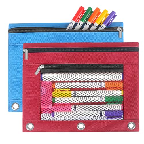 Jacng 2 Pack Binder Pouch for 3-Ring Binder Zipper Pouch for Binder, 3 Holes Pencil Pouch Bag with Double Pocket for School Office Supplies Blue/Red von Jacng