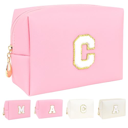 Jacng Personalisierte Initiale A-Z PU Kosmetiktasche Reißverschluss weit offen Make-up Tasche Reise Sachen Tasche mit Chenille Brief Patch Große Reise Kulturbeutel Organizer Tasche für Frauen, Pink, C von Jacng