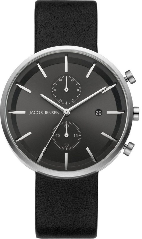 Jacob Jensen Chronograph Designuhr Edelstahl Kautschukband LINEAR ⌀42mm, Lanzenzeiger von Jacob Jensen