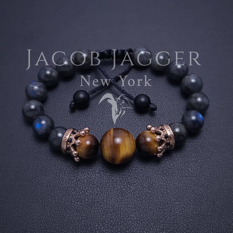 Blue Flash Tiefgrauer Labradorit & Tigerauge Kronen-Armband Für Männer/Frauen. Einstellbar Mit 8mm Steinen Und Rose Gold Edelstahl Kronen von JacobJaggerNY