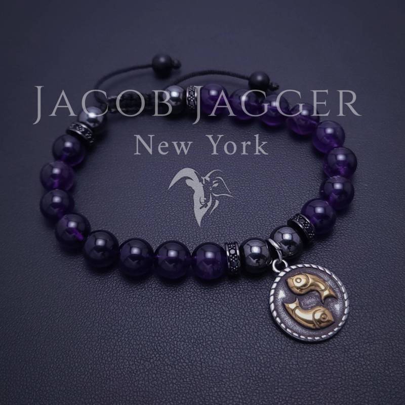 Echtes Deep Purple Amethyst Pisces Armband Für Männer/Frauen. Einstellbar W/8mm Edelstein Perlen & Silber Gold Edelstahl Anhänger von JacobJaggerNY