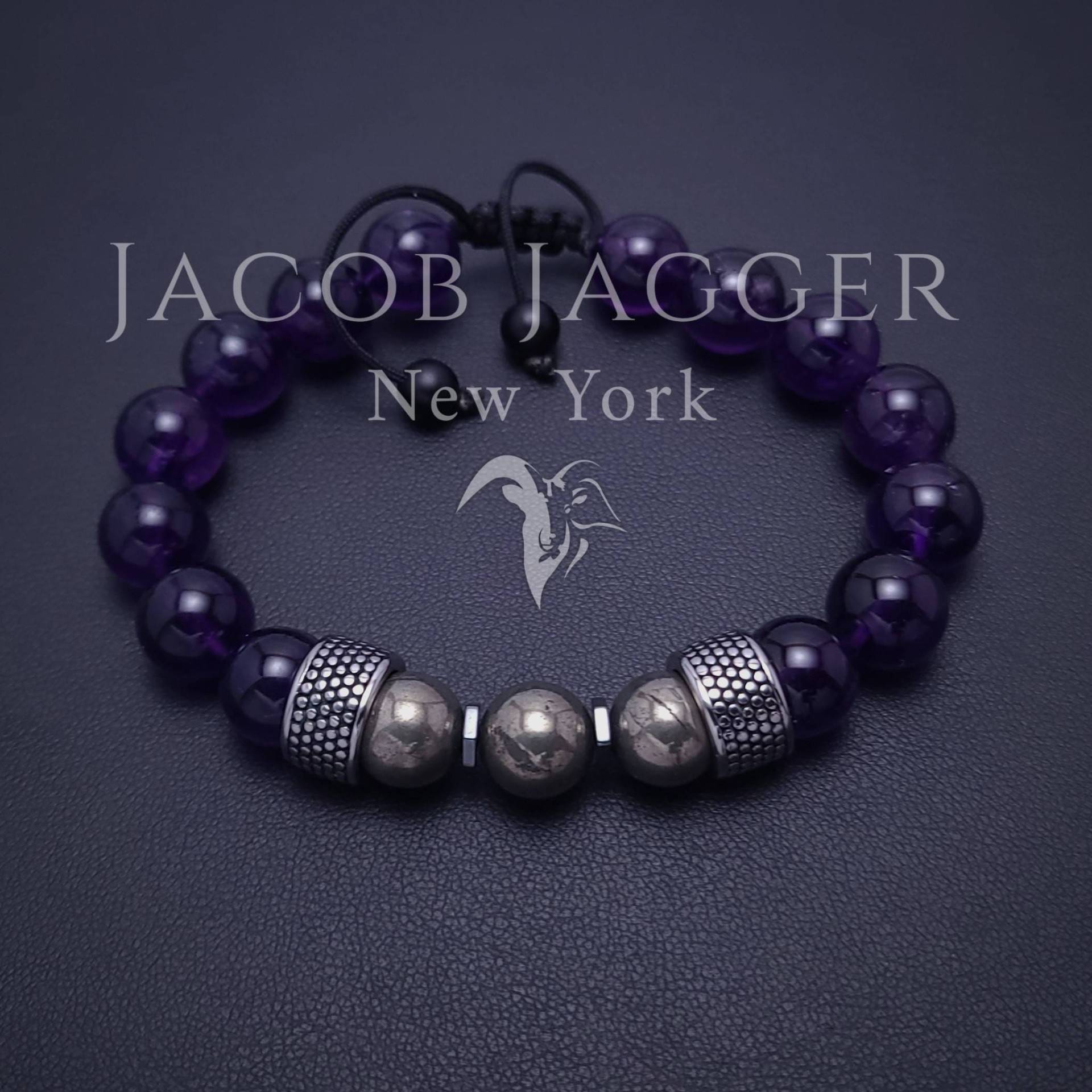 Echtes Tief Violettes Amethyst & Pyrit Armband Für Männer. Große Perle Größenverstellbar W/10 Mm Edelstein Perlen Und Silber Edelstahl Anhänger Echtes Tief Violettes Amethyst & Pyrit Armband Für Männer. Große Perle Größenverstellbar W/10 Mm Edelstein Perlen Und Silber Edelstahl Anhänger von JacobJaggerNY