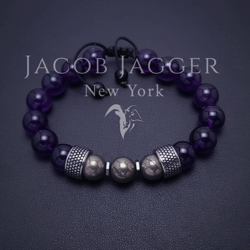 Echtes Tief Violettes Amethyst & Pyrit Armband Für Männer. Große Perle Größenverstellbar W/10 Mm Edelstein Perlen Und Silber Edelstahl Anhänger von JacobJaggerNY