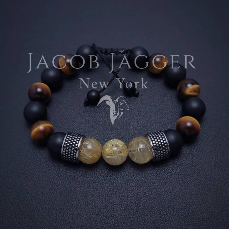 Gold Rutilquarz, Onyx, Tigerauge Luxus Style Armband Für Männer/Frauen. Verstellbar Mit 10mm Perlen Und Silber Edelstahl Spacern von JacobJaggerNY