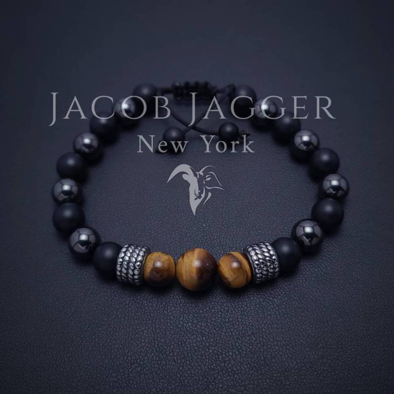 Hämatit, Onyx & Tigerauge Minimalist Armband Für Männer/Frauen. Verstellbare Länge W/8 Mm Stein Perlen Und Silber Edelstahl Anhänger von JacobJaggerNY