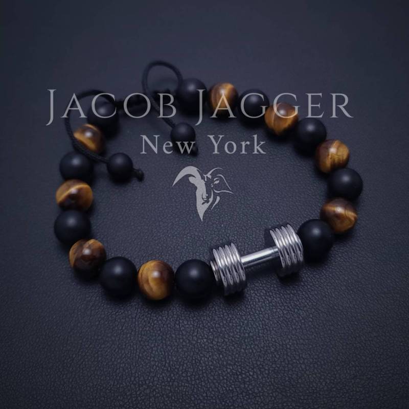 Matt Onyx & Tigerauge Hantel Armband Für Das Fitnessstudio | Männer Oder Frauen. Länge Verstellbar Mit 8 Mm Perlen Und Silber Edelstahl Anhänger von JacobJaggerNY