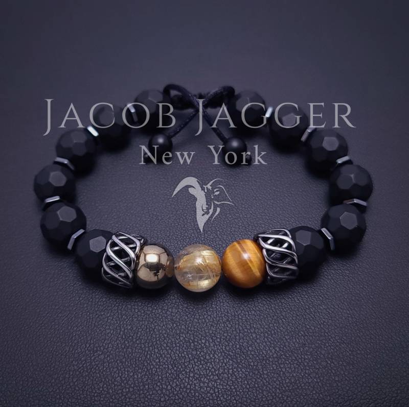Matt Schwarzer Onyx, Tigerauge, Gold Rutilquarz & Hämatit Armband. Verstellbar Mit 10 Mm Stein Beads Und Silver Edelstahl Spacers Matt Schwarzer Onyx, Tigerauge, Gold Rutilquarz & Hämatit Armband. Verstellbar Mit 10 Mm Stein Beads Und Silver Edelstahl Spacers von JacobJaggerNY