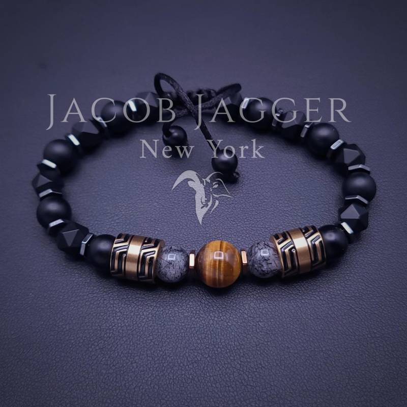 Matte Onyx/Schwarzer Achat & Tigerauge Armband in Gold, Silber, Roségold Satinloser Stahl-Charms Einstellbare Größe, 8 Mm Steinperlen Matte Onyx/Schwarzer Achat & Tigerauge Armband in Gold, Silber, Roségold Satinloser Stahl-Charms Einstellbare Größe, 8 Mm Steinperlen von JacobJaggerNY
