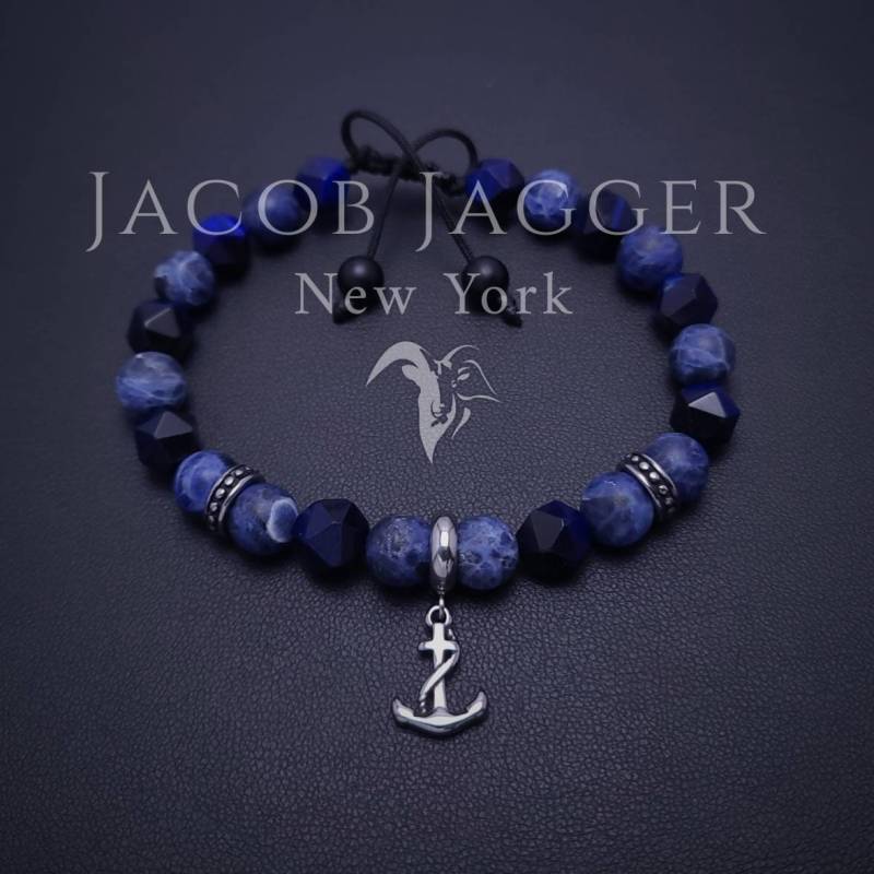 Matte Sodalite & Tiefblaues Tigerauge Anker Armband Für Männer/Frauen. Maritimes Mit 8mm Perlen Und Silbernen Edelstahlelementen von JacobJaggerNY