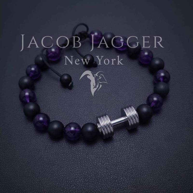 Mattes Onyx & Tiefviolettes Amethyst Hantel Armband Für Das Fitnessstudio. Verstellbar Mit 8 Mm Natursteinen Und Silbernem Edelstahl Anhänger Mattes Onyx & Tiefviolettes Amethyst Hantel Armband Für Das Fitnessstudio. Verstellbar Mit 8 Mm Natursteinen Und Silbernem Edelstahl Anhänger von JacobJaggerNY
