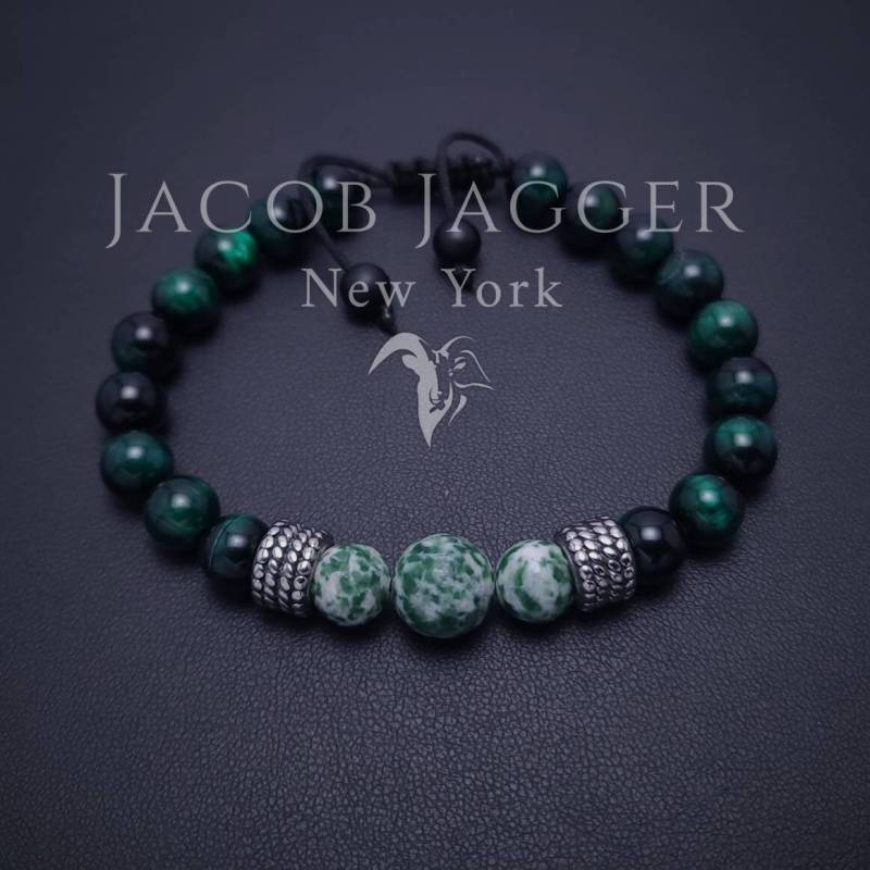 Minimalist Armband Aus Grünem Spot Jaspis & Tigerauge. Verstellbare Länge W/Natürliche 8mm Stein Perlen Und Silber Edelstahl Anhänger Minimalist Armband Aus Grünem Spot Jaspis & Tigerauge. Verstellbare Länge W/Natürliche 8mm Stein Perlen Und Silber Edelstahl Anhänger von JacobJaggerNY