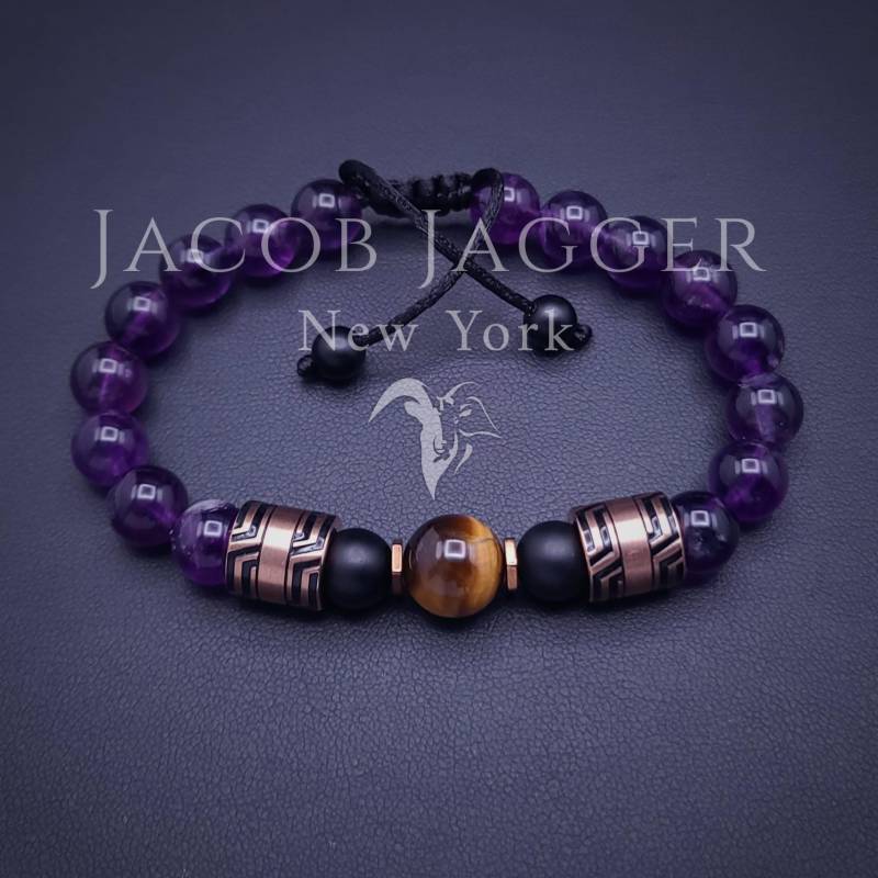 Lila Amethyst & Tigerauge Armband Größenverstellbare, 8 Mm Edelstein Perlen, Edelstahl Anhänger in Gold, Rosegold, Silber Lila Amethyst & Tigerauge Armband Größenverstellbare, 8 Mm Edelstein Perlen, Edelstahl Anhänger in Gold, Rosegold, Silber von JacobJaggerNY
