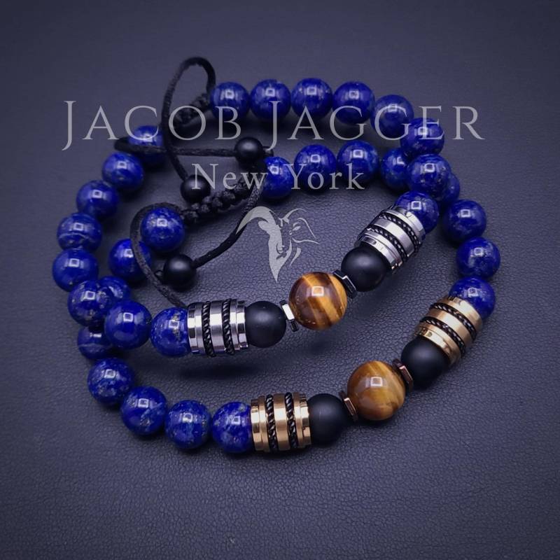 Natürliches Lapislazuli & Tigerauge Armband Männer/Frauen Größenverstellbar, Edelstahl in Gold - Oder Silberanhängern von JacobJaggerNY