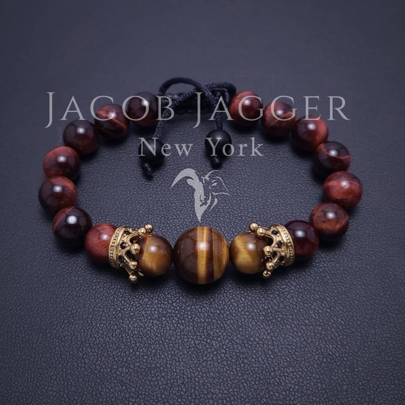 Rot & Gelb Tigerauge Minimalist Krone Armband Für Männer/Frauen. Einstellbar W Natürliche 8mm Steine Und Gold Edelstahl Kronen Anhänger von JacobJaggerNY