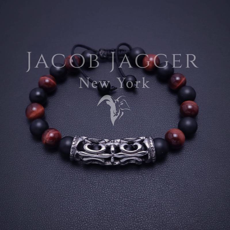 Rotes Tigerauge & Matte Onyx Fleur De Lis Armband Für Männer/Frauen. Einstellbar W 8mm Naturstein Perlen Und Silber Edelstahl Spacer von JacobJaggerNY