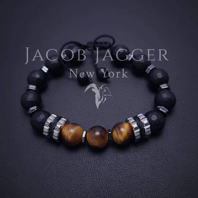 Schwarzer Onyx & Tigerauge Armband Für Männer. Verstellbares, Robustes Luxus-Armband Mit Natürlichen 10 Mm Steinen Und Silbernen Edelstahl-Anhängern Schwarzer Onyx & Tigerauge Armband Für Männer. Verstellbares, Robustes Luxus-Armband Mit Natürlichen 10 Mm Steinen Und Silbernen Edelstahl-Anhängern von JacobJaggerNY