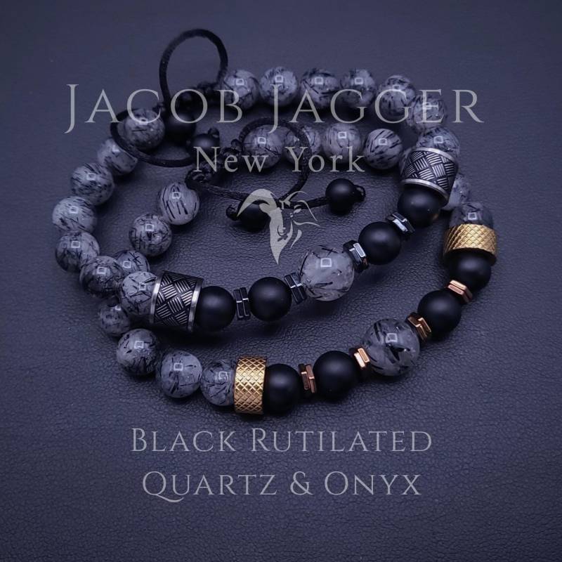 Schwarzer Rutilquarz & Onyx Edelstahl Armband. Einstellbar Mit 8 Mm Perlen Und Nicht Trübenden Edelstahlanhängern in Gold Silber Schwarzer Rutilquarz & Onyx Edelstahl Armband. Einstellbar Mit 8 Mm Perlen Und Nicht Trübenden Edelstahlanhängern in Gold Silber von JacobJaggerNY