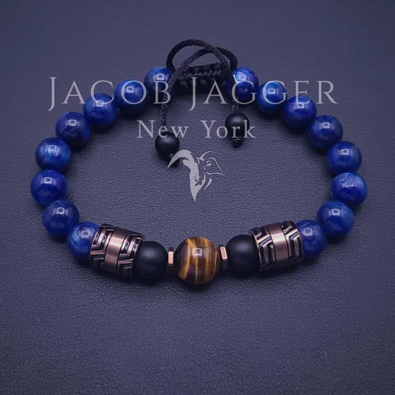 Wunderschönes Blaues Kyanit & Tigerauge Edelstahl Perlenarmband. Verstellbar Mit 8 Mm Perlen Und Nicht Anlaufenden Edelstahlschieberanhängern von JacobJaggerNY